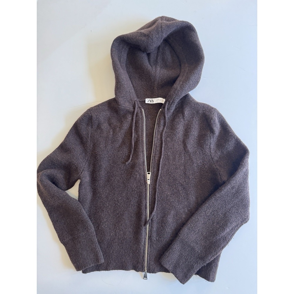 Zara Hoodie Womens SM Brown Full Zip Long Sleeve Wool Blend Knit Minimalist